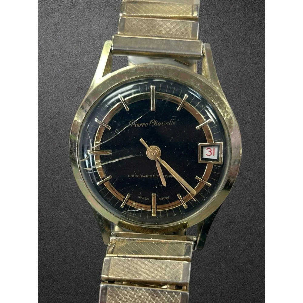 Vintage Pierre Chevelle Swiss Mechanical Watch Black Dial Gold Tone For Parts